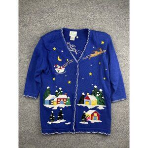 Quacker Factory Cardigan Sweater Womens Large Blue Christmas Santa Embellished